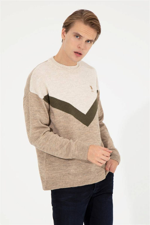 U. S. Polo Assn Мужской светло-коричневый меланжевый трикотажный свитер с круглым вырезом - U.s. polo assn фото 9