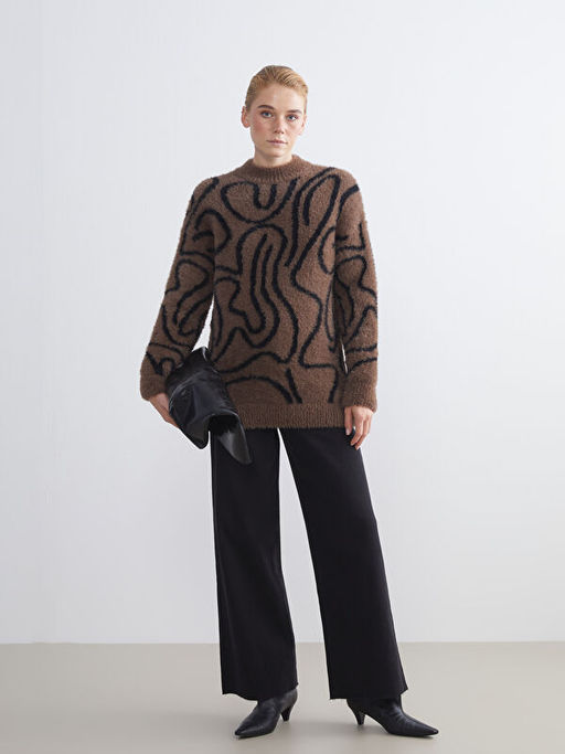 Bisiklet Yaka Desenli Kad?n Pel?? Triko Tunik