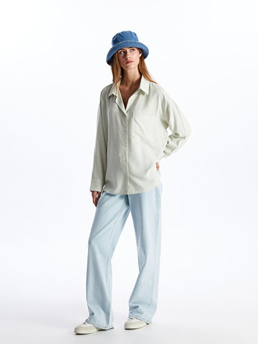 ?izgili Uzun Kollu Oversize Keten Kar???ml? Kad?n G?mlek