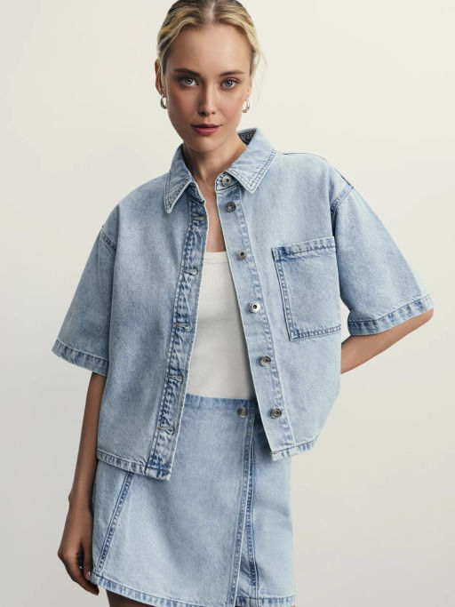 Джинсовая рубашка с коротким рукавом / Zarina фото 8