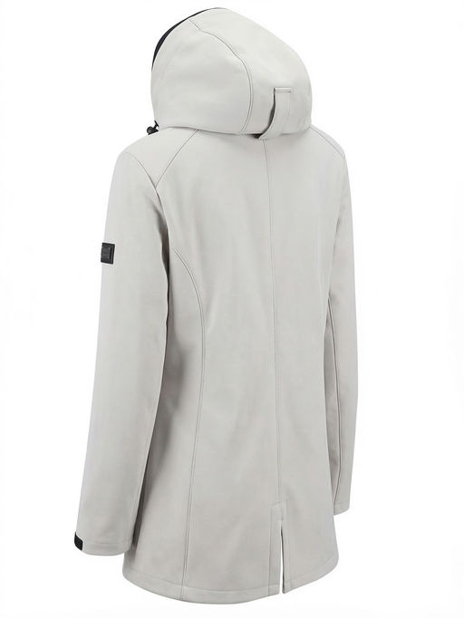 Парка женская софтшелл виндстоппер удлинённая с капюшоном белого цвета 9618_1Bl
