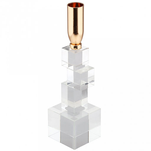 Подсвечник стеклянный "Кубизм" h22см, чаша металл д2,4см, h2см, отвинчивающаяся, основание 5,8х5,8см, прозрачный/золотой, в коробке (Китай)