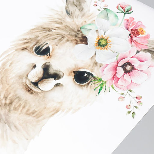 Наклейка пластик интерьерная цветная "Лама в цветочном венке" 39х54 см