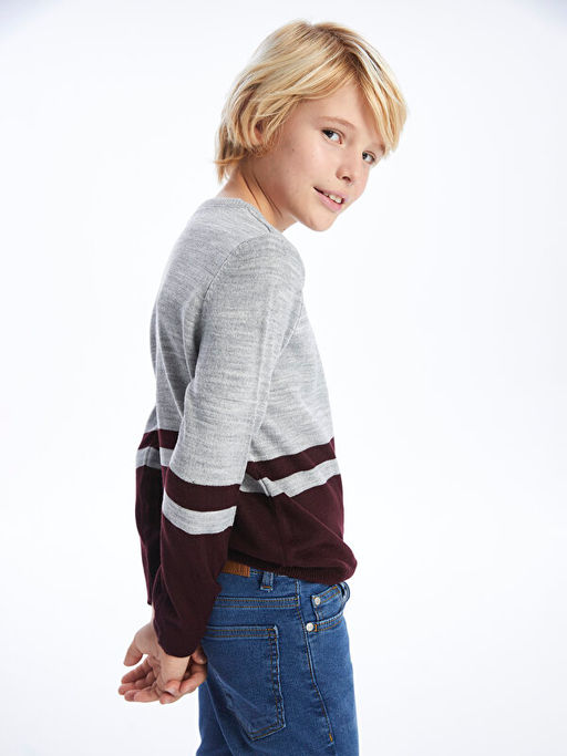 Bisiklet Yaka Renk Bloklu Uzun Kollu Erkek ?ocuk Triko Kazak