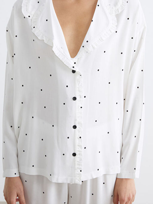 G?mlek Yaka Puantiyeli Kad?n Pijama Tak?m