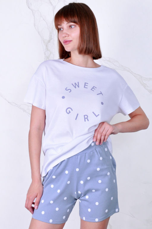 Арт. 9132 Пижама с шортами 42-50 (5 шт) Цвет:верх- белый, низ- лила