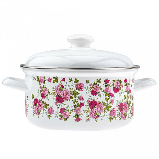 "Китайская роза" Кастрюля эмалированная 3л, форма цилиндрическая, металлическая крышка (Россия)