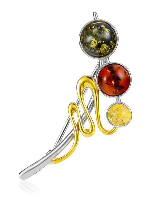 Эффектная брошь Триумф с натуральным янтарём разных оттенков