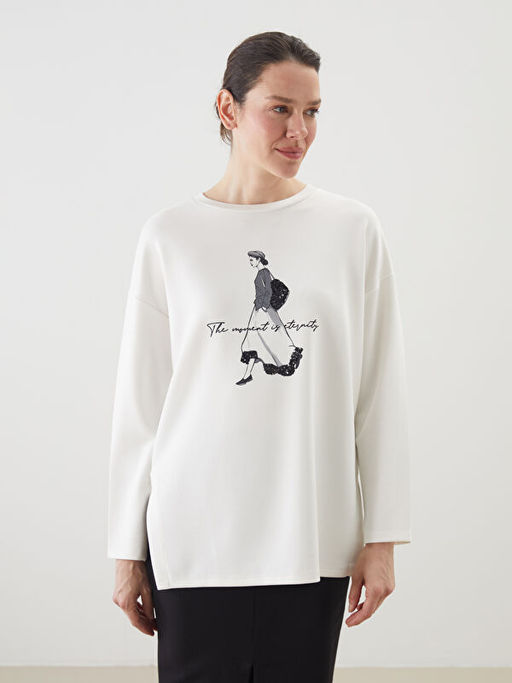 Bisiklet Yaka Bask?l? Oversize Kad?n Sweatshirt Tunik