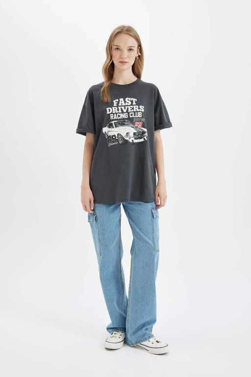 Широкая футболка с короткими рукавами и круглым вырезом оверсайз с принтом - Defacto фото 2