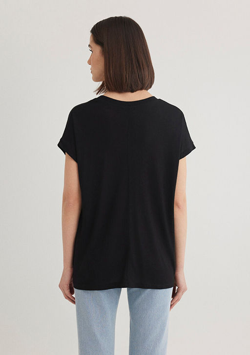 V Yaka Siyah Basic Viskoz Tisort - Mavi фото 4