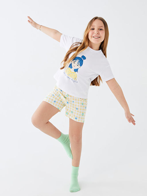 Bisiklet Yaka Bask?l? K?sa Kollu K?z ?ocuk ?ortlu Pijama Tak?m? - Waikiki фото 3