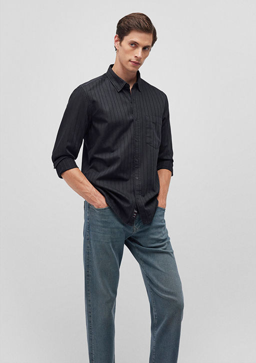 Cizgili Siyah Gomlek - Mavi фото 2
