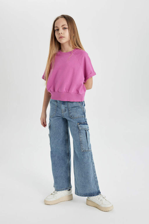 Широкие джинсовые брюки карго для девочек - Defacto фото 4