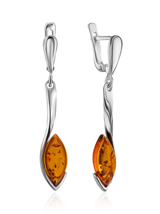 Нежные удлиненные серьги с янтарем коньячного цвета Адажио
