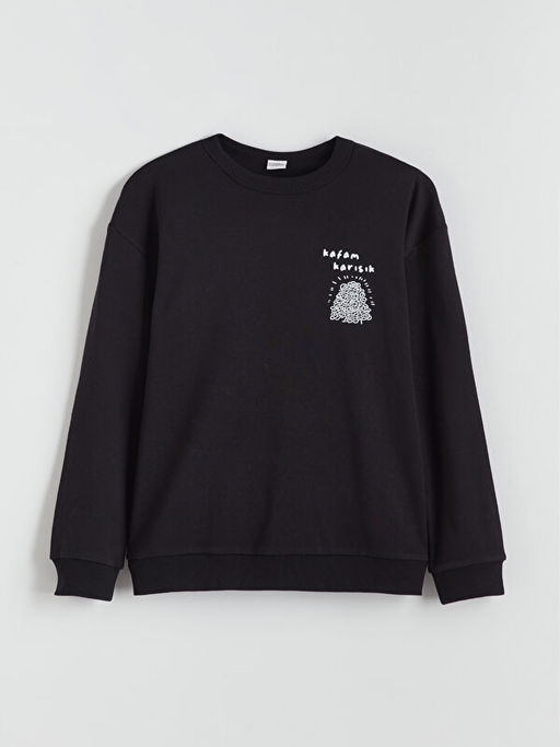 Bisiklet Yaka Slogan Bask?l? Erkek ?ocuk Sweatshirt