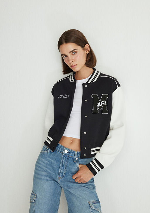 M Logo Patchli Siyah Bomber Ceket - Mavi фото 5