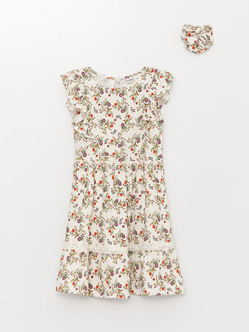 Bisiklet Yaka Desenli K?sa Kollu K?z ?ocuk Elbise ve Toka