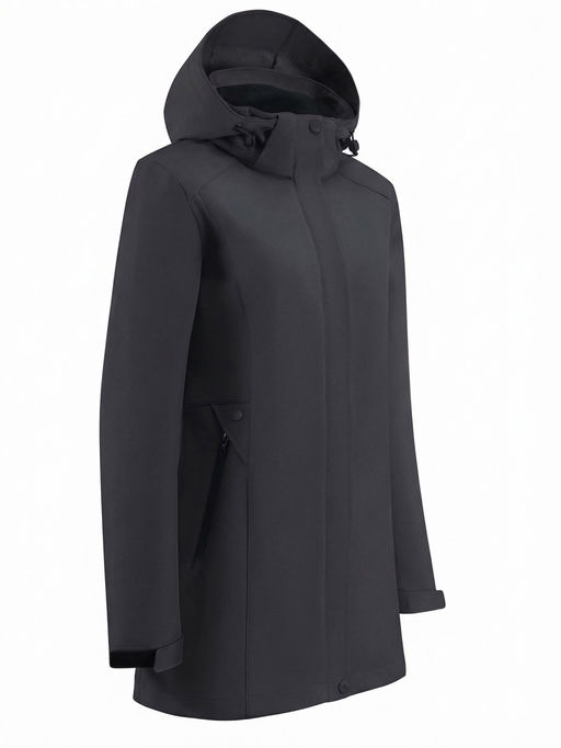 Парка женская софтшелл виндстоппер удлинённая с капюшоном черного цвета 9614_1Ch