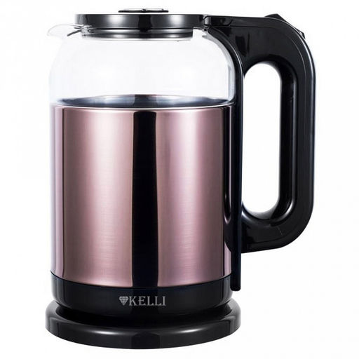 Чайник электрический "Kelli" 1,8л, комбинированный корпус стекло/нержавеющая сталь, термостойкое боросиликатное стекло, внутренняя подсветка, автоматическое отключение, поворачивающийся корпус на 360, закрытый нагревательный элемент, защита от перег