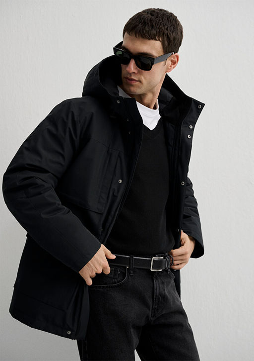 Kapusonlu Siyah Parka - Mavi фото 2