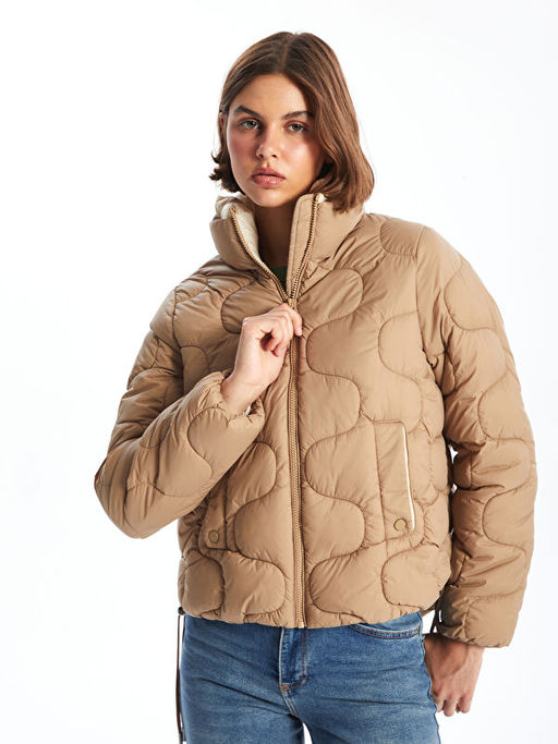 Dik Yaka Kendinden Desenli Kad?n ?i?me Mont