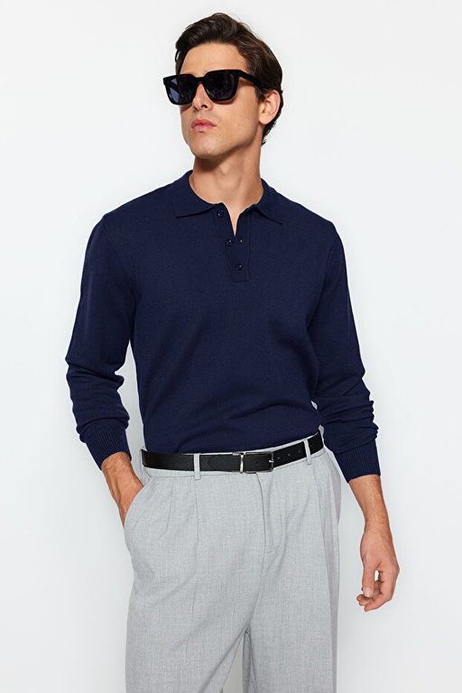 Lacivert Erkek Regular Polo Yaka D_z Triko Kazak TMNAW24KZ00067 - Trendyolmilla фото 2