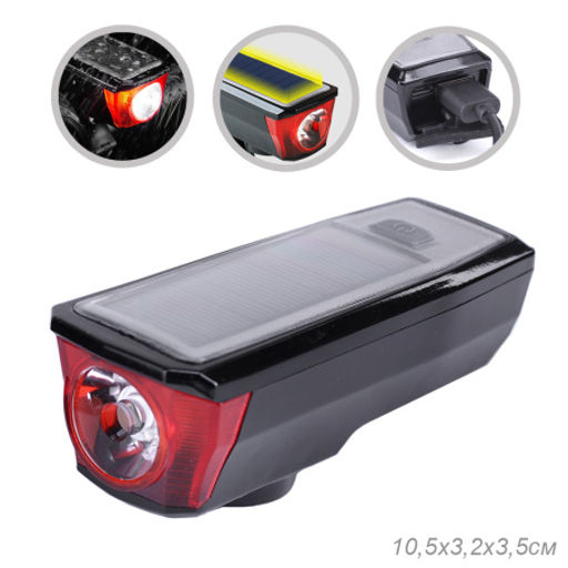Фонарь передний COMIRON SUNPOWER корпус: ABS, IPX4; свет: T6, 350lm аккум: 2000 mAh USB сигнал 120Дб POWER BANK полная зарядка от солнца /уп 9/80/ - ГалеонТрейд фото 2