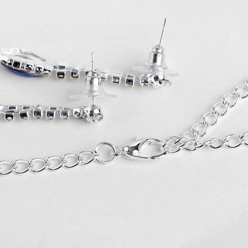 Набор 2 предмета: серьги, колье Листопад ромб, цвет сине-белый в серебре, 45 см