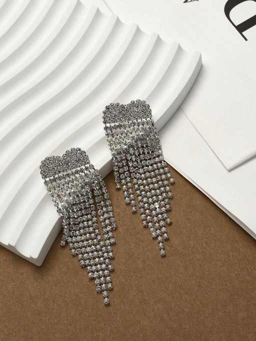 Серьги висячие со стразами Вечное сияние сердечки, белые в серебре