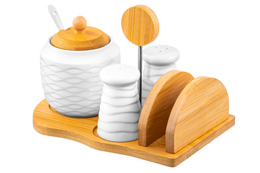 Набор - сахарница 350 мл Айсберг волны с ложкой + солонка + перечница + салф.на дер.подст.с ручкой - Elan gallery фото 4