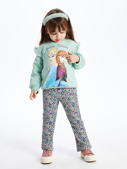 Bisiklet Yaka Uzun Kollu Frozen Bask?l? K?z Bebek Sweatshirt ve Tayt Pantolon 2li Tak?m