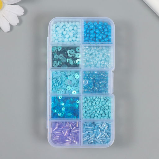 Бисер стекло 6/0, 12/0 в шкатулке «Голубой», стеклярус и пайетки, 12.5×6.5×2 см