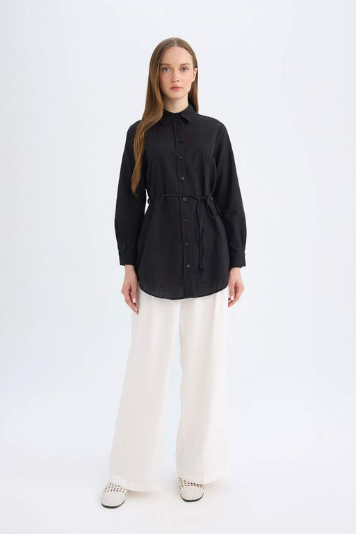 Рубашка-туника из поплина с длинными рукавами стандартного кроя - Defacto фото 2