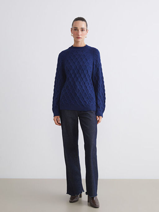 Bisiklet Yaka Kendinden Desenli Kad?n Triko Kazak