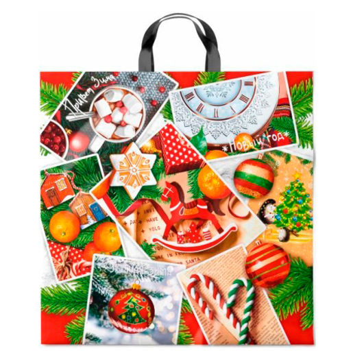 Пакет с петлевой ручкой Интерпак ПТЛ57428 Коллаж 44х44+3 см (70) НГ (х25/250) #НовыйГод /АРТПЛАСТ/