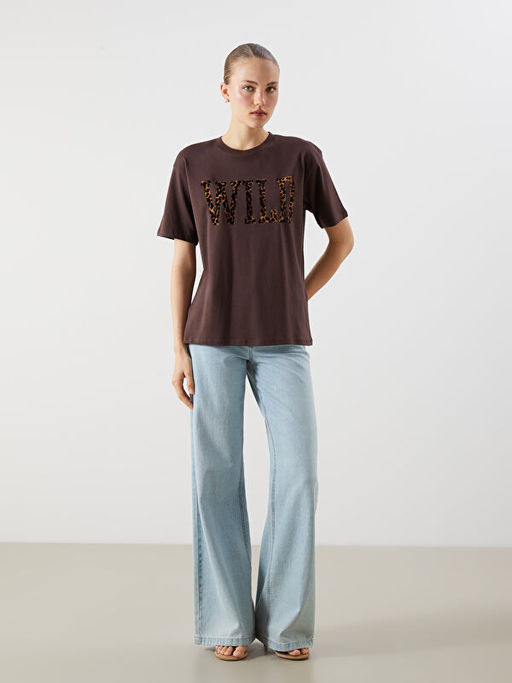 Bisiklet Yaka Bask?l? Oversize Kad?n Ti??rt