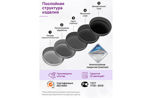 Сковорода глубокая 28 см FIERRA Черный мрамор С КРЫШКОЙ ф28, с/ручка, 49*29,5*12 см - Elan gallery фото 7
