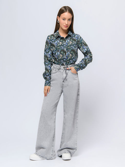 Рубашка синего цвета с принтом и длинными рукавами - 1001dress фото 2