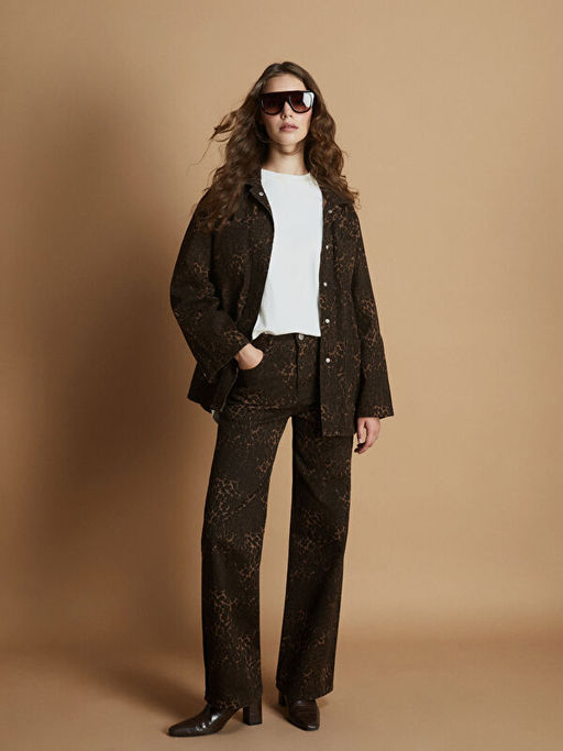 G?mlek Yaka Leopar Desenli Kad?n Jean Ceket