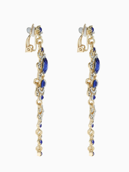 Клипсы для ушей висячие со стразами QF Ажур, капли с завитками, цвет бело-синий в золоте