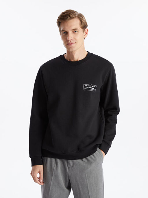 Bisiklet Yaka Uzun Kollu Bask?l? Erkek Sweatshirt