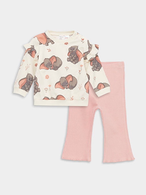 Bisiklet Yaka Bask?l? K?z Bebek Sweatshirt ve Pantolon 2li Tak?m