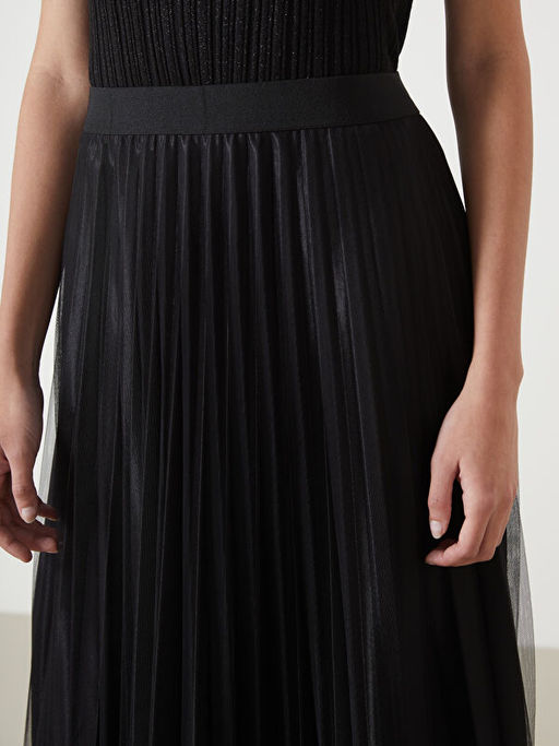 Beli Lastikli ?ifon Kad?n Pileli Etek