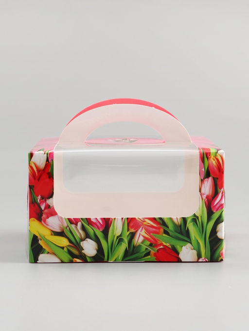 Цена за 5 шт. Коробка под бенто - торт с окном С 8 марта!, 14?14?8 см