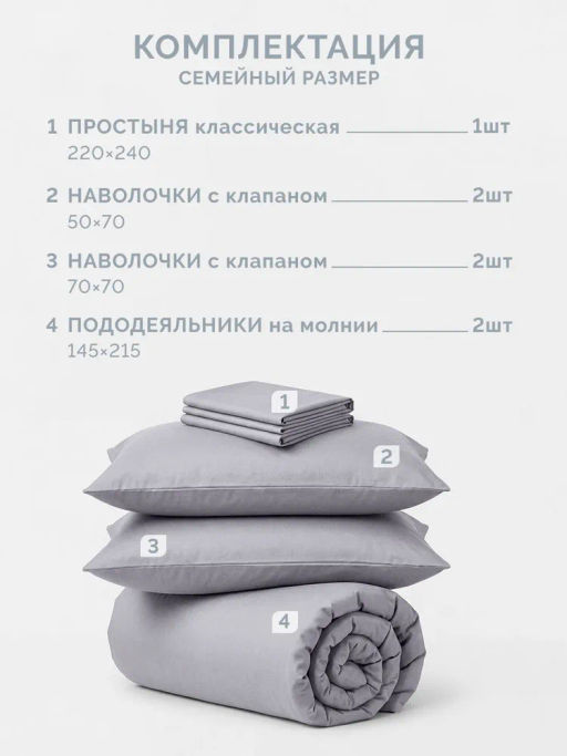 Постельное белье Моноспейс Семейный (2 пододеяльника) + 4 наволочки, темно-серый - Ecotex фото 5