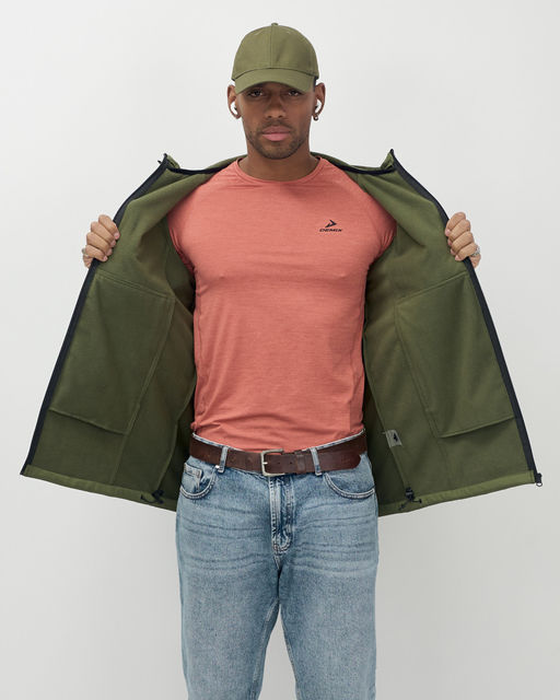 Ветровка спортивная мужская с капюшоном softshell цвета хаки 9563Kh