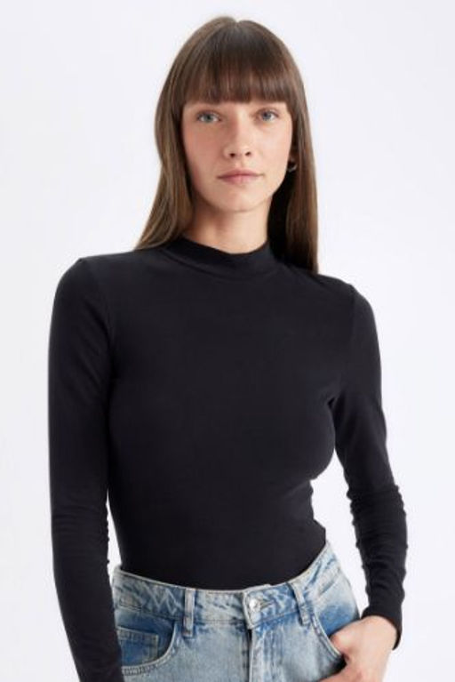 Siyah Slim Fit Dar Kesim Yar?m Bal?kc? Yaka Casual Basic Duz Uzun Kollu Tisort