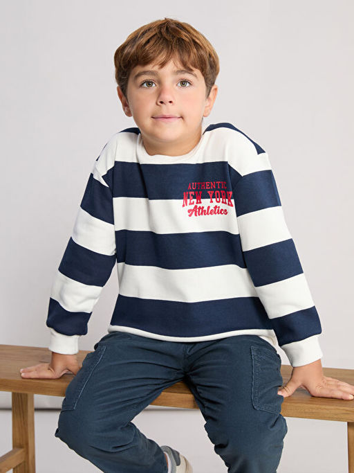 Bisiklet Yaka ?izgili Erkek ?ocuk Kal?n Sweatshirt