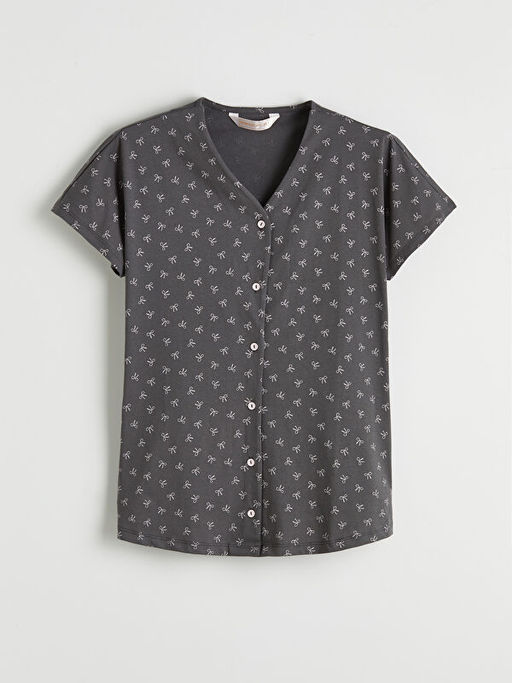 V Yaka Fiyonk Bask?l? Hamile Pijama Tak?m?